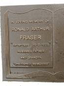 Ronald Arthur FRASER,
10-12-1925 - 12-2-1998,
husband father grandpa;
Mooloolah cemetery, City of Caloundra