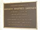 Margery Winifred GARDNER,
13 Feb 1937 - 12 Nov 1997,
wife of Graeme,
mother of Natalie,
grandmother of Toby & Rennie;
Mooloolah cemetery, City of Caloundra