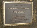 Margaret Elizabeth PALUMBO,
28-9-1907 - 12-8-1999,
wife of Joseph,
mother of Louise & Sal;
Mooloolah cemetery, City of Caloundra