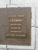 Clarice Irene LAUMAN,
wife mother grandmother,
23-4-1922 - 23-12-2000;
Mooloolah cemetery, City of Caloundra