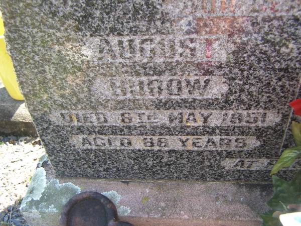 August BUROW,  | died 6 May 1951 aged 86 years;  | Anna BUROW,  | died 3 Dec 1940 aged 77 years;  | Moore-Linville general cemetery, Esk Shire  |   | 