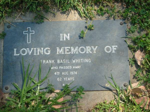 Frank Basil WHITING,  | died 4 Aug 1974 aged 62 years;  | Moore-Linville general cemetery, Esk Shire  | 