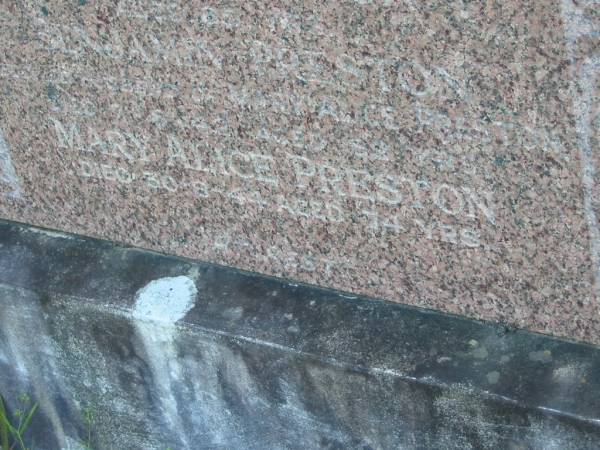 Sarah PRESTON  | aged 30  | James PRESTON  | aged 65  | Benjamin PRESTON  | (husband of Alice PRESTON)  | d: 7 Aug 1942 aged 82  | Mary Alice PRESTON  | d: 30 Aug 1944, aged 74  | Mt Cotton / Gramzow / Cornubia / Carbrook Lutheran Cemetery, Logan City  |   | 