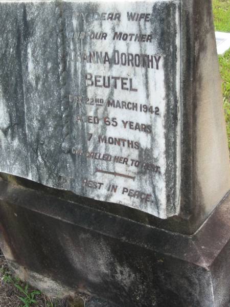Johanna Dorothy BEUTEL  | 22 Mar 1942, aged 65 years 7 months  | Mt Cotton / Gramzow / Cornubia / Carbrook Lutheran Cemetery, Logan City  |   | 