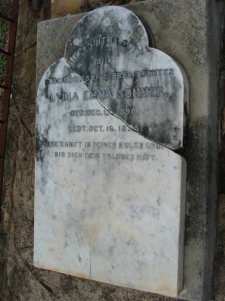 Lydia Emma SOMMER  | b: 18 Dec 1890, d: 16 Oct 1895  | Mt Cotton / Gramzow / Cornubia / Carbrook Lutheran Cemetery, Logan City  |   | 