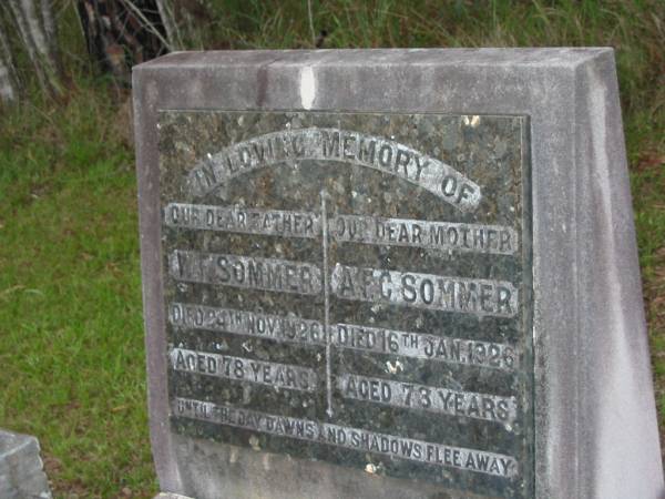 W F SOMMER  | 24 Nov 1926, aged 78  | A F C SOMMER  | 16 Jan 1926, aged 73  | Mt Cotton / Gramzow / Cornubia / Carbrook Lutheran Cemetery, Logan City  |   | 