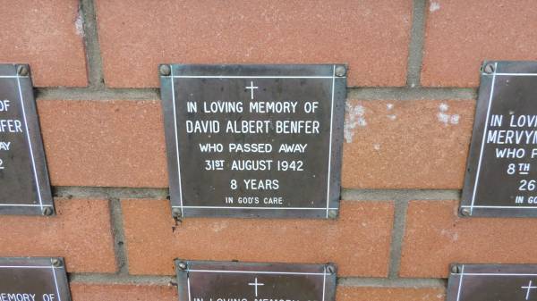David Albert Benfer  | d: 31 Aug 1942, aged 8  |   | Mount Cotton St Pauls Lutheran Columbarium wall  |   | 