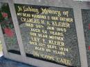 Charles H.A. KLEIER, husband father,
died 30 Kan 1965 aged 62 years;
Lily E. KLEIER, mother,
died 22 Sept 1974 aged 69 years;
Mt Beppo General Cemetery, Esk Shire