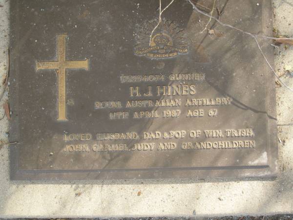 H.J. HINES,  | died 11 April 1987 aged 67 years,  | husband dad pop of Win, Trish, John, Carmel,  | Judy & grandchildren;  | Mudgeeraba cemetery, City of Gold Coast  | 