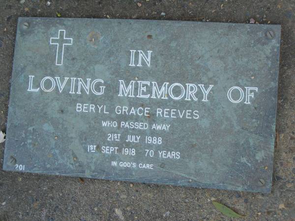 Beryl Grace REEVES,  | 1 Sept 1918 - 21 July 1988 aged 70 years;  | Mudgeeraba cemetery, City of Gold Coast  | 