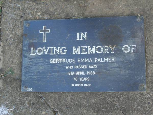 Gertrude Emma PALMER,  | died 8 April 1988 aged 76 years;  | Mudgeeraba cemetery, City of Gold Coast  | 