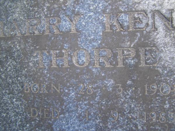 Harry Kenny THORPE,  | born 28-3-1905,  | died 1-9-1983;  | Edith Jean THORPE,  | born 7-10-1908,  | died 16-3-1983;  | Mudgeeraba cemetery, City of Gold Coast  | 