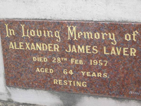 Alexander James LAVER,  | died 28 Feb 1957 aged 64 years;  | Doris Isobel LAVER,  | died 8 July 1962 aged 58 years,  | wife of Alexander James LAVER;  | Mudgeeraba cemetery, City of Gold Coast  | 