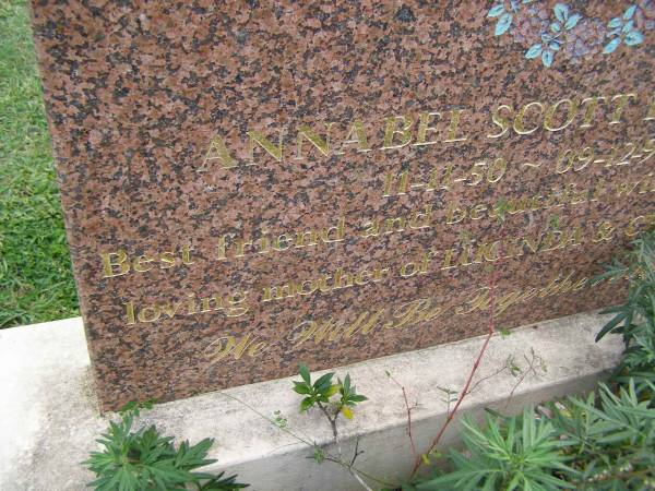Annabel Scott FARRELL,  | 111-11-50 - 09-12-96,  | wife of Barry,  | mother of Lucinda & Charlotte;  | Mudgeeraba cemetery, City of Gold Coast  | 