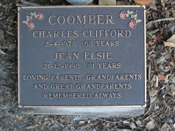 Charles Clifford COOMBER,  | died 2-4-1978 aged 68 years;  | Jean Elise COOMBER,  | died 21-12-1998 aged 81 years;  | parents grandparents great-grandparents;  | Mudgeeraba cemetery, City of Gold Coast  | 