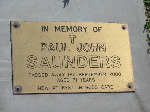 Paul John SAUNDERS,  | died 16 Sept 2000 aged 71 years;  | Mudgeeraba cemetery, City of Gold Coast  | 