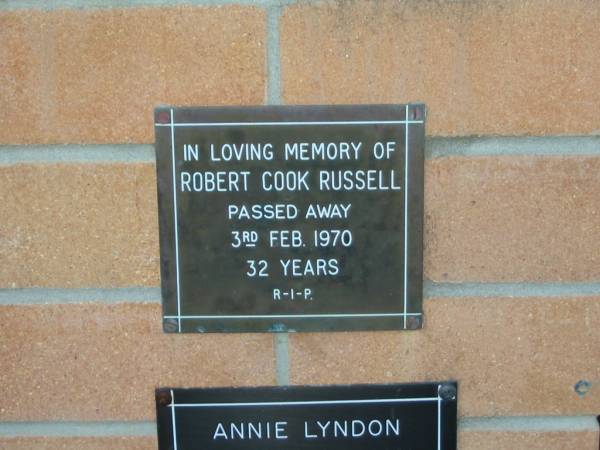 Robert Cook RUSSELL,  | died 3 Feb 1970 aged 32 years;  | Mudgeeraba cemetery, City of Gold Coast  | 