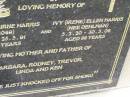 James Osbourne HARRIS,
7-9-19 - 25-5-91 aged 71 years;
Ivy (Irene) Ellen HARRIS (nee OEHLMAN),
5-2-20 - 30-5-06 aged 86 years;
mother & father of
Barbara, Rodney, Trevor, Linda & Ken;
Mudgeeraba cemetery, City of Gold Coast