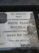 Angus Noel Nasmyth NICOLL,
father grandfather,
died 10 Feb 1970 aged 78 years;
Ruth Ellen NICOLL,
wife mother grandmother,
died 8 Aug 1968 aged 80 years;
Mudgeeraba cemetery, City of Gold Coast
