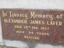 Alexander James LAVER,
died 28 Feb 1957 aged 64 years;
Doris Isobel LAVER,
died 8 July 1962 aged 58 years,
wife of Alexander James LAVER;
Mudgeeraba cemetery, City of Gold Coast