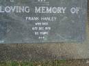 Frank HANLEY,
died 16 Dec 1978 aged 83 years;
Mudgeeraba cemetery, City of Gold Coast