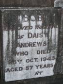 Bob,
husband of Daisy ANDREWS,
died 28 Oct 1943 aged 57 years;
Daisy,
wife of Bob ANDREWS,
died 18 April 1965 aged 77 years;
Mudgeeraba cemetery, City of Gold Coast