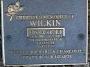 Ronald Arthur WILKIN,
16-6-1943 - 11-2-2003,
husband of Jacqueline,
father of Michael, Richard & Charlotte;
Mudgeeraba cemetery, City of Gold Coast