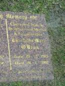 John Joseph OBRIEN,
born 1-11-1910,
died 21-7-1996,
husband father;
Charlotta Mary OBRIEN,
born 19-12-1913,
died 26-6-2002,
mother grandmother;
Mudgeeraba cemetery, City of Gold Coast