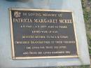 Patricia Margaret MCKEE,
4-8-1942 - 4-5-2007 aged 64 years,
wife of Ron,
mother of Paul & Susan,
grandmother;
Mudgeeraba cemetery, City of Gold Coast