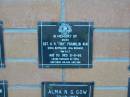 A.H. (Tiny) FRANKLIN,
died 21-8-66 aged 50 years,
husband of Vera,
sons Jim, Max & Ben;
Mudgeeraba cemetery, City of Gold Coast