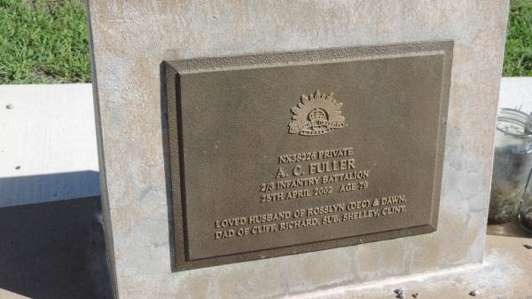 A.C. FULLER  | d: 25 Apr 2002 aged 79  | husband of Rosslyn (dec) and Dawn  | father of Cliff, Richard, Sue, Shelley, Clint  |   | Mulgildie Cemetery, North Burnett Region  |   | 