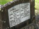 James BARNES,
born 4 July 1840
died 20 July 1908 aged 68 years;
Nanny, wife,
died 17 Sept 1924 aged 81 years;
Mundoolun Anglican cemetery, Beaudesert Shire