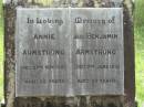 Annie ARMSTRONG,
died 27 Nov 1925 aged 35 years;
Benjamin ARMSTRONG,
died 7 June 1930 aged 58 years;
Mundoolun Anglican cemetery, Beaudesert Shire
