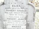 Eliza, wife of Robert SAVAGE,
died 17 March 1889 aged 40 years;
Robert James, son,
died 22 Feb 1879 aged 1 year 1 day;
Marian, daughter,
died 16 Dec 1883 aged 1 year 0 months;
Robert SAVAGE,
died 5 June 1910 aged 66 years;
Murphys Creek cemetery, Gatton Shire