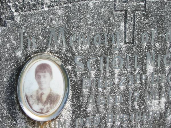 Scholl NICOLA,  | died 23 Dec 1969 aged 17 years,  | missed by mum, dad, brothers & sisters;  | Murwillumbah Catholic Cemetery, New South Wales  | 