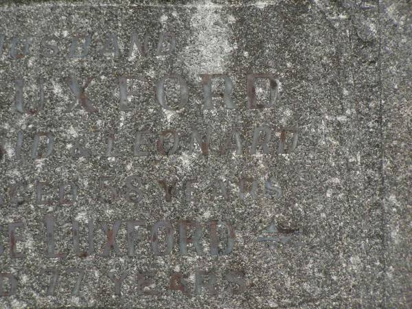 Leslie E. LUXFORD,  | husband,  | father of Enid & Leonard,  | died 8 Aug 1949 aged 58 years;  | Alice LUXFORD,  | mother,  | died 2 Feb 1969 aged 77 years;  | Murwillumbah Catholic Cemetery, New South Wales  | 