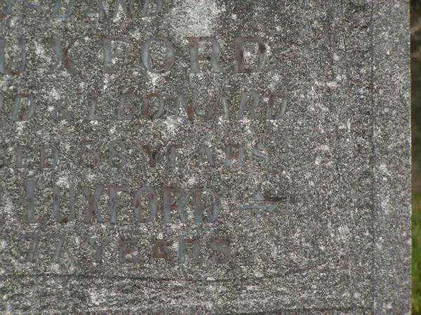 Leslie E. LUXFORD,  | husband,  | father of Enid & Leonard,  | died 8 Aug 1949 aged 58 years;  | Alice LUXFORD,  | mother,  | died 2 Feb 1969 aged 77 years;  | Murwillumbah Catholic Cemetery, New South Wales  | 