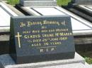 Gladys Irene MCMAHON,
wife mother,
died 26 June 1989 aged 76 years;
Murwillumbah Catholic Cemetery, New South Wales
