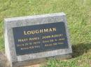 Mary Agnes LOUGHMAN,
died 13-6-1976 aged 65 years;
John Albert LOUGHMAN,
died 30-6-1962 aged 58 years;
Murwillumbah Catholic Cemetery, New South Wales