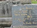 David Joseph RICE,
husband father,
died 16-9-68 aged 84 years;
Elizabeth Alice RICE,
mother,
died 30-4-80 aged 92 years;
Murwillumbah Catholic Cemetery, New South Wales