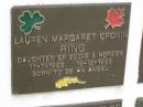 Lauren Margaret Cronin RING,
daughter of Eddie & Noreen,
17-7-1952 - 15-12-1952;
Murwillumbah Catholic Cemetery, New South Wales