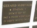 Gerard MCDONALD,
died 27-12-61,
infant son of Pat & Trish MCDONALD;
Murwillumbah Catholic Cemetery, New South Wales