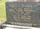 Mary Agnes MALONEY,
wife,
died 16 Dec 1939 aged 27 years;
Peter Michael,
infant son;
Murwillumbah Catholic Cemetery, New South Wales