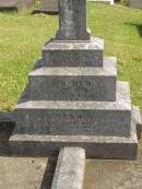 John DYNAN,
husband father,
died 9 May 1938 aged 75 years;
Agnes,
wife of H. BERRY,
died 7 Aug 1939 aged 21 years;
Murwillumbah Catholic Cemetery, New South Wales