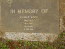 Jeannie WOOD,
died 18-5-1951 aged 65 years;
Murwillumbah Catholic Cemetery, New South Wales