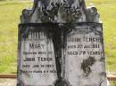 Mary,
wife of John TENCH,
died 16 Jan 1927 aged 72 years 6 months;
John TENCH,
died 27 Aug 1941 aged 79 years;
Nikenbah Aalborg Danish Cemetery, Hervey Bay