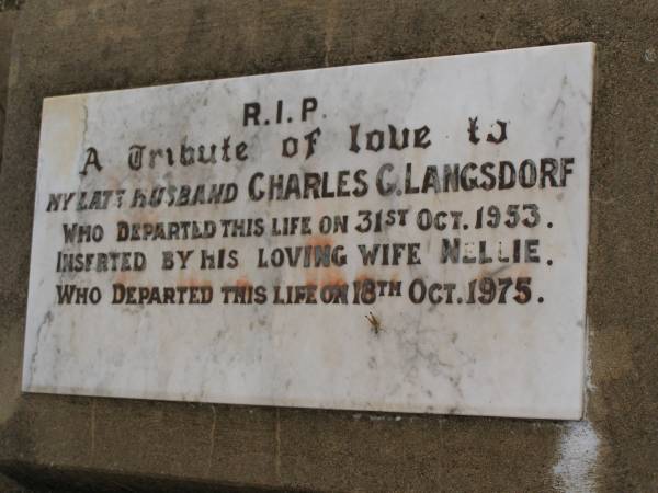 Charles G. LANGSDORF,  | died 31 Oct 1953,  | husband;  | Nellie,  | wife,  | died 18 Oct 1975;  | Nobby cemetery, Clifton Shire  | 