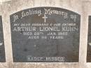 Arthur Lionel KUHN,
died 28 Jan 1965 aged 58 years,
husband father;
Nobby cemetery, Clifton Shire