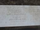 Alice Maud KUHN,
died 24 Dec 1965 aged 67 years,
wife mother;
Henry Alexander KUHN,
died 5 May 1989 aged 89 years,
father father-in-law grandfather;
Heather Jean KUHN,
died 12 Dec 1941 aged 17 months,
daughter sister;
Nobby cemetery, Clifton Shire
