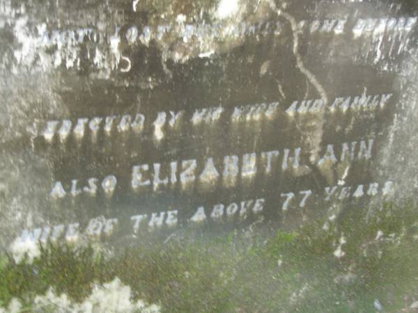 H.J. TREE,  | died 5 July 1913 aged 38 years,  | erected by wife;  | Elizabeth Ann,  | wife,  | aged 77 years;  | North Tumbulgum cemetery, New South Wales  | 
